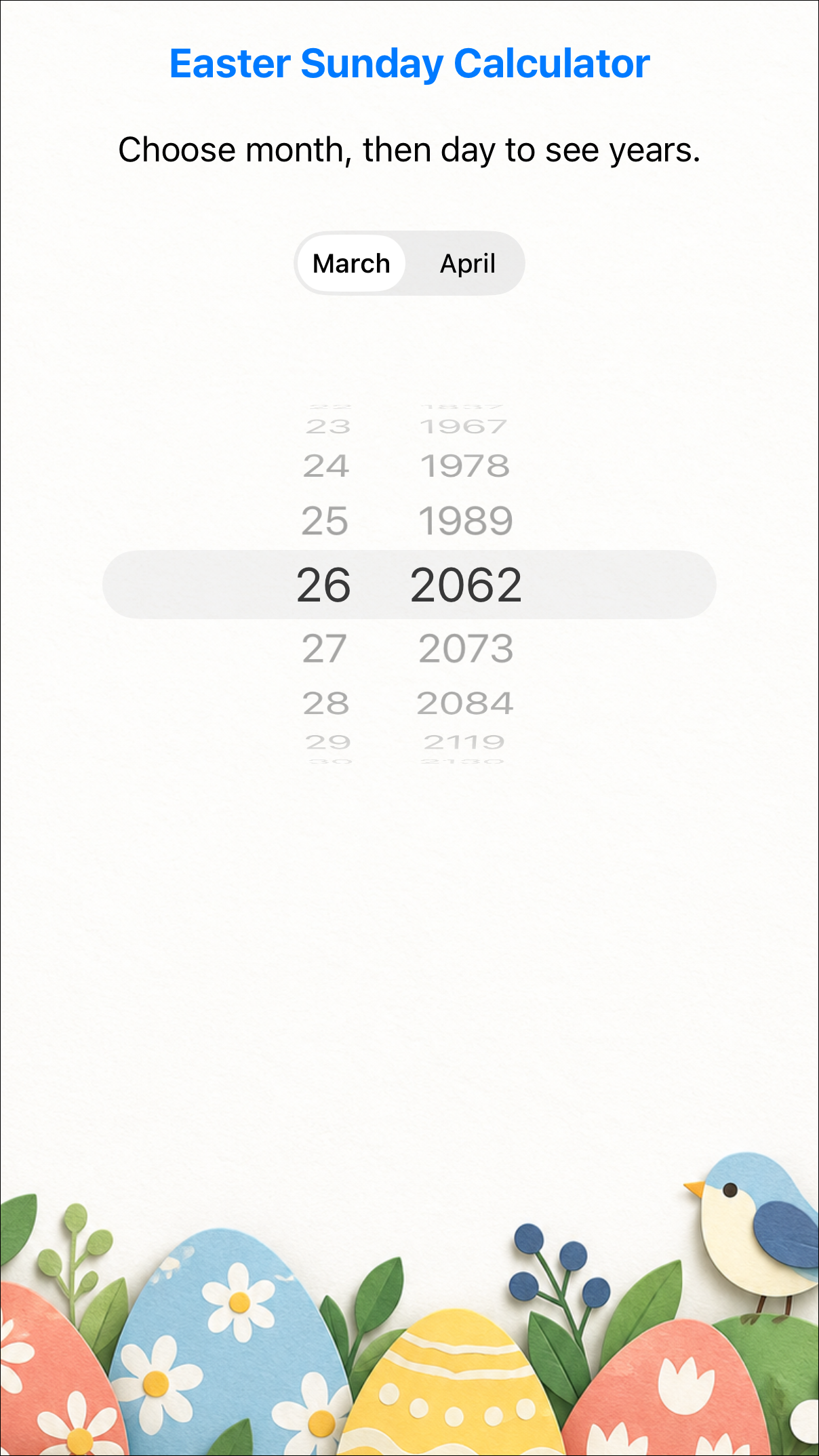Screenshot showing years for a selected Easter date