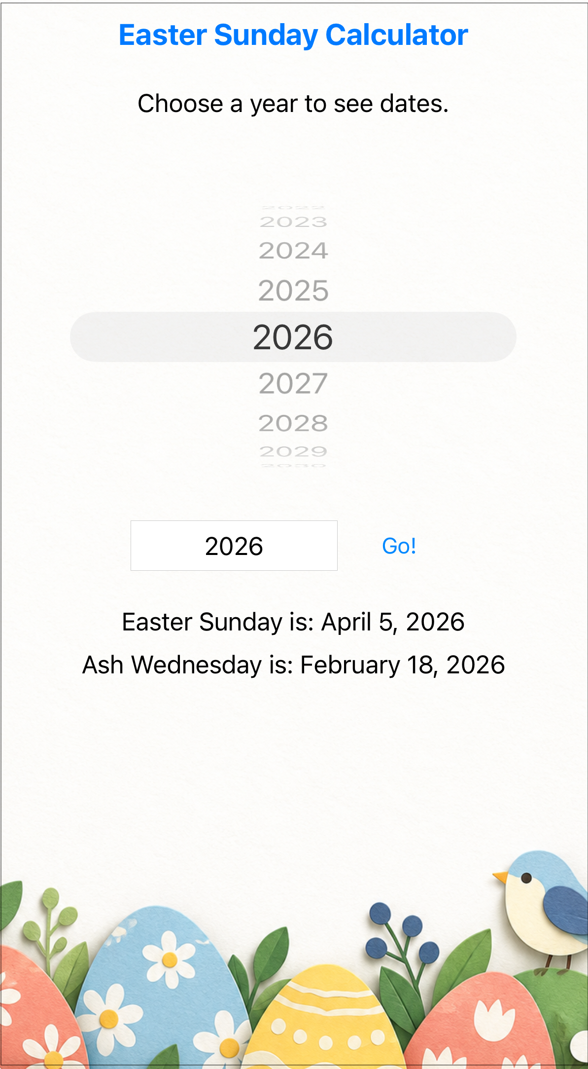 Screenshot showing Easter dates for a selected year